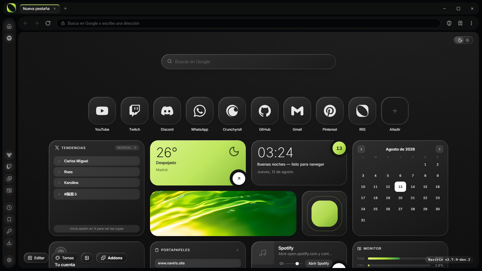 Naviris abierto en su hub: buscador, accesos, clima, tendencias, calendario y más widgets